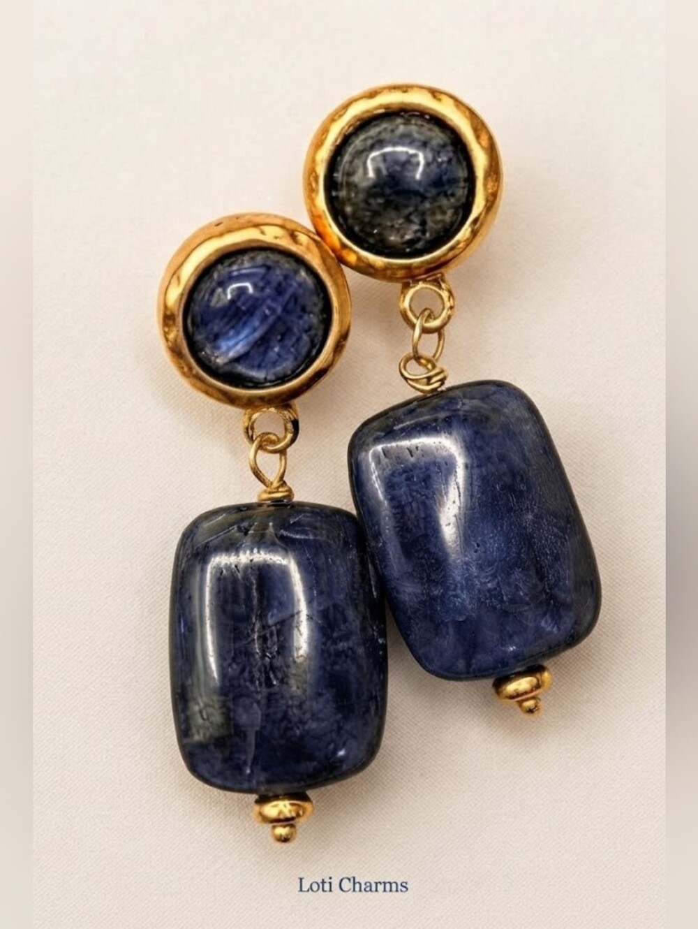 Natural Blue Kyanite In Hammered Gold Bezel & Kyanite Drop Stone Earrings